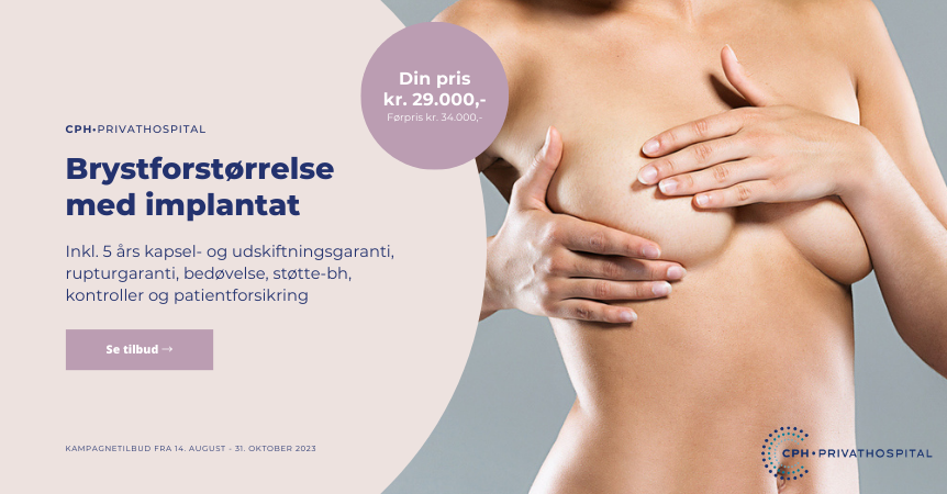 Brystforstørrelse med implantat Inkl. 5 års kapsel- og udskiftningsgaranti, rupturgaranti, bedøvelse, støtte-bh, kontroller og patientforsikring